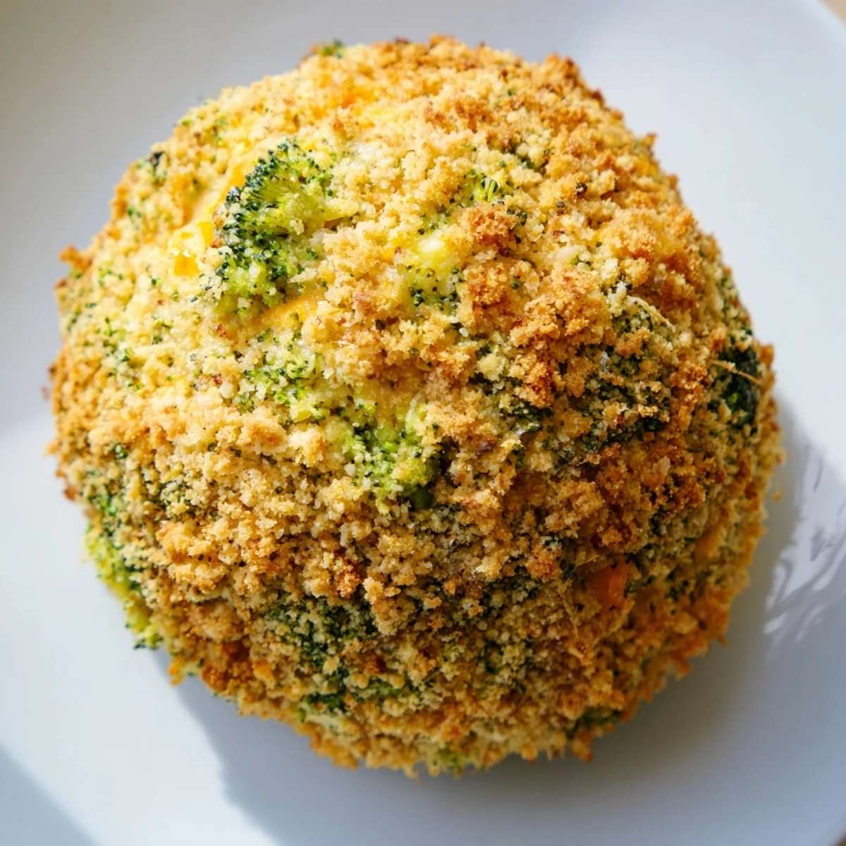 Close-up of crispy baked broccoli and cheese balls showing gooey melted cheese inside