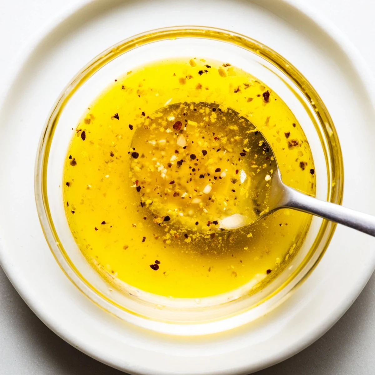 Golden bright lemon vinaigrette dressing drizzled over fresh green salad in white bowl