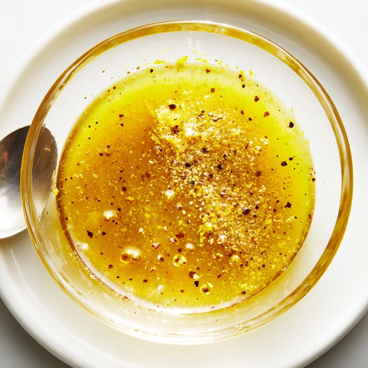 Creamy bright lemon vinaigrette dressing plated with mixed greens and roasted vegetables