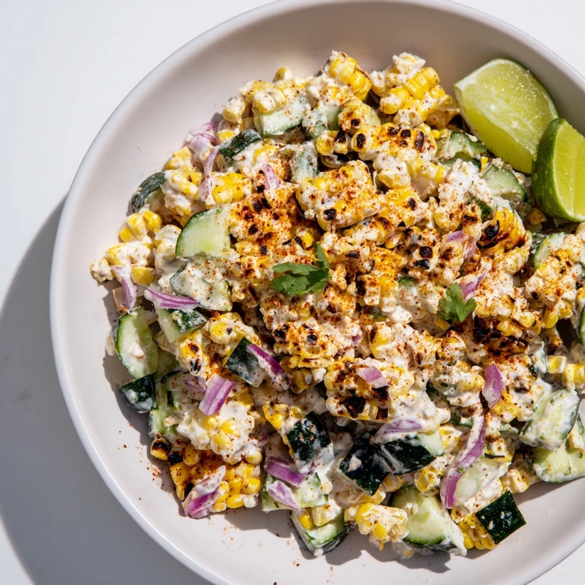 Colorful Mexican street corn cucumber salad bowl with charred kernels and tangy lime dressing