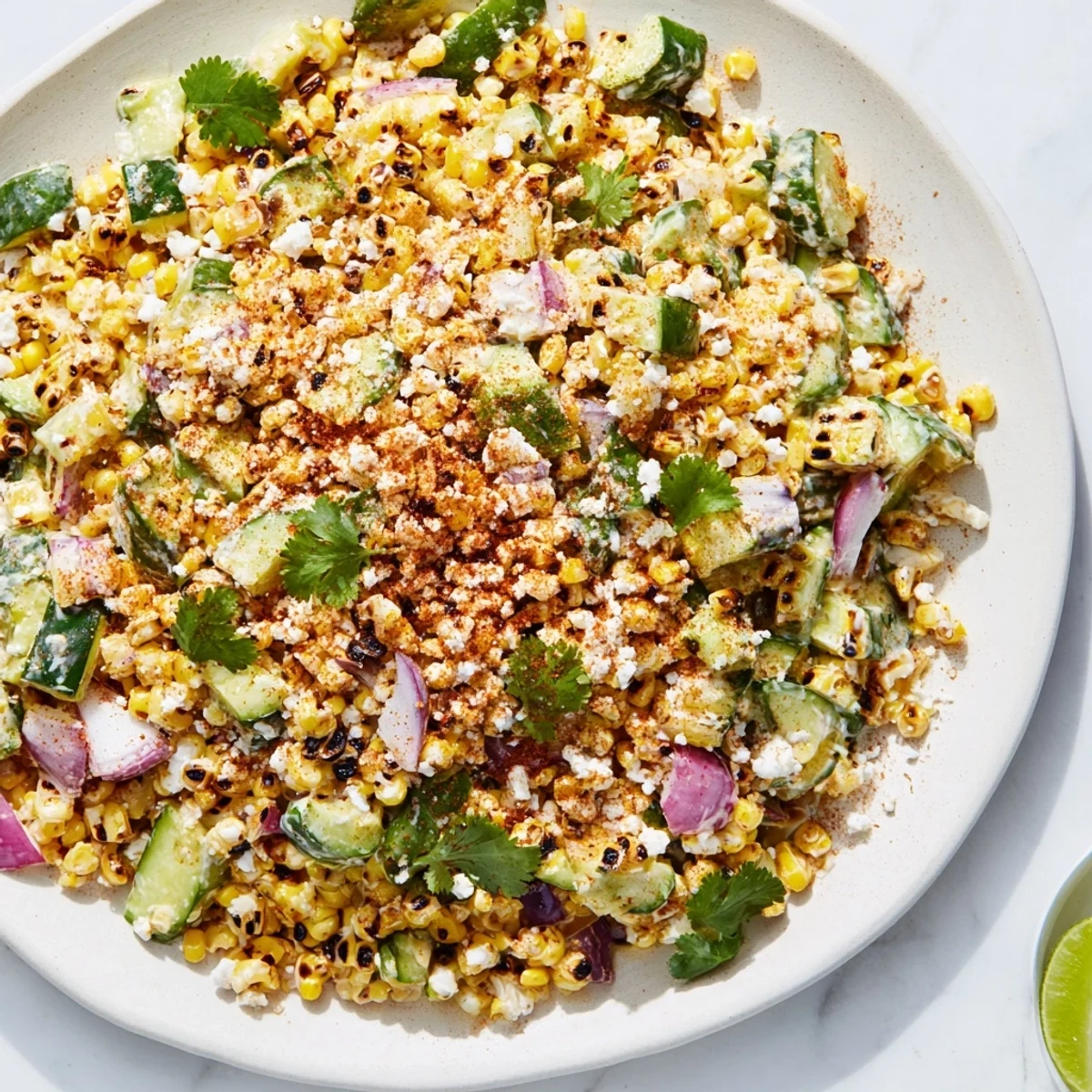 Fresh street corn creamy cucumber salad topped with crumbled cotija cheese and vibrant cilantro