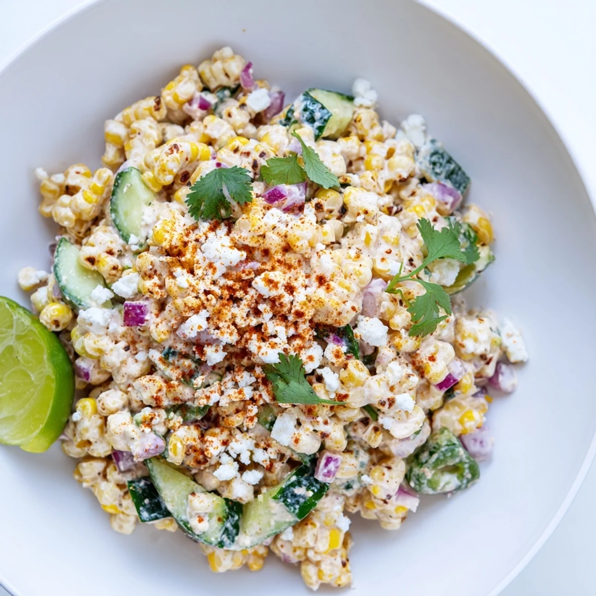 Creamy street corn salad featuring crisp cucumber, red onion, and spicy chili powder garnish