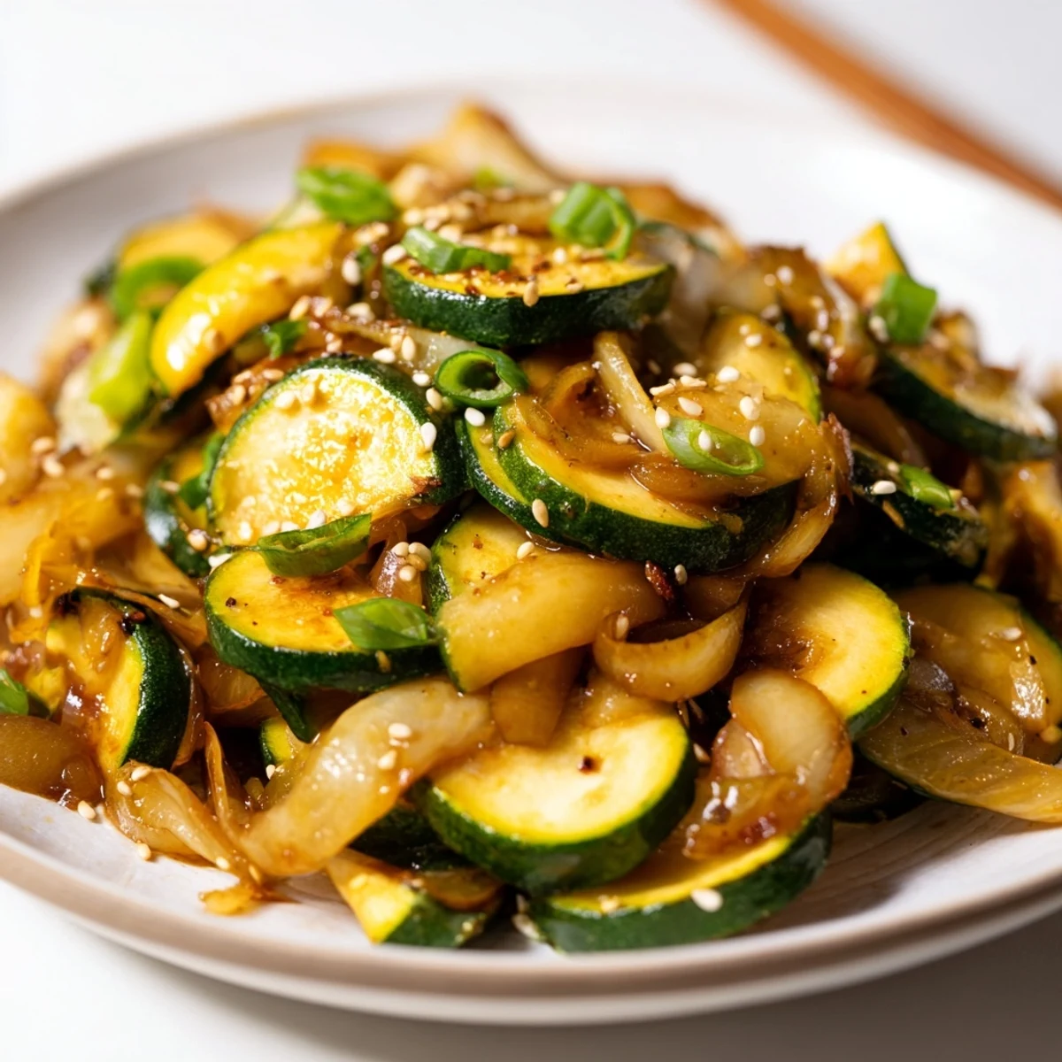 Golden zucchini and sweet onions glazed in savory Japanese soy sauce and mirin
