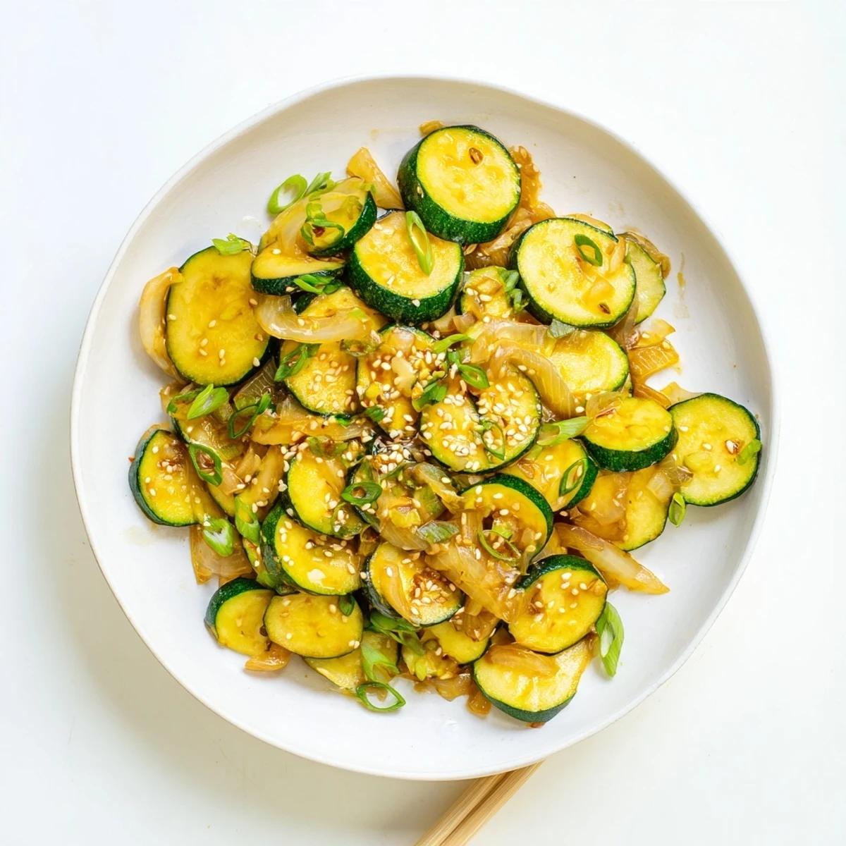 Vibrant green and white stir fry with tender crisp vegetables in sesame soy glaze