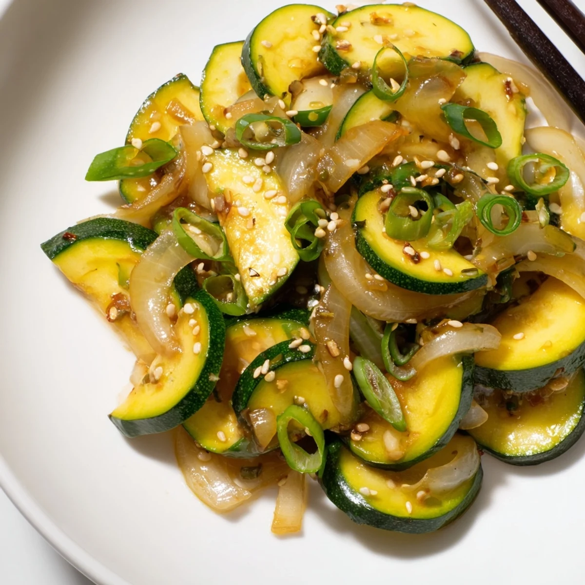 Sizzling skillet of Japanese zucchini onion stir fry garnished with green onions and sesame seeds