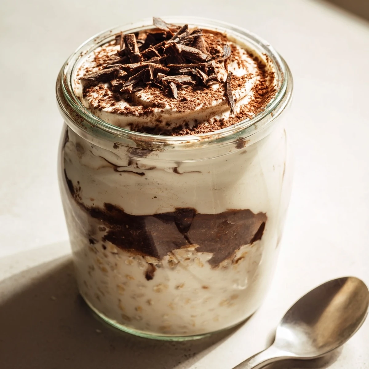 Creamy tiramisu overnight oats layered with rich espresso, cocoa, and chocolate shavings in glass jars