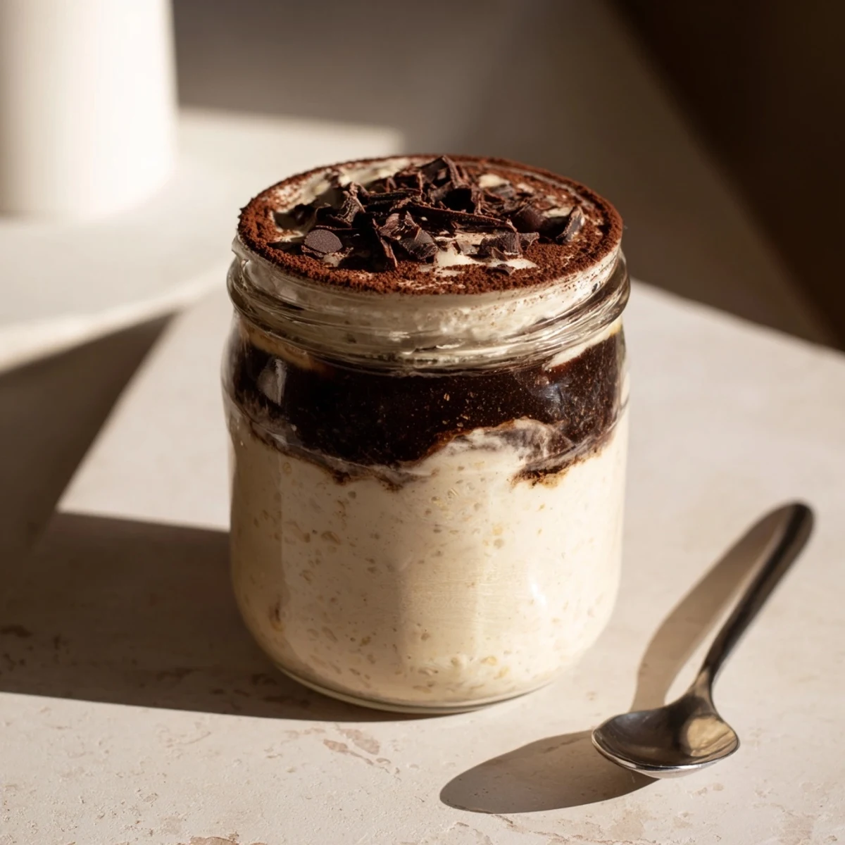 Decadent tiramisu overnight oats with mascarpone swirls, dark chocolate, and espresso flavors ready to eat