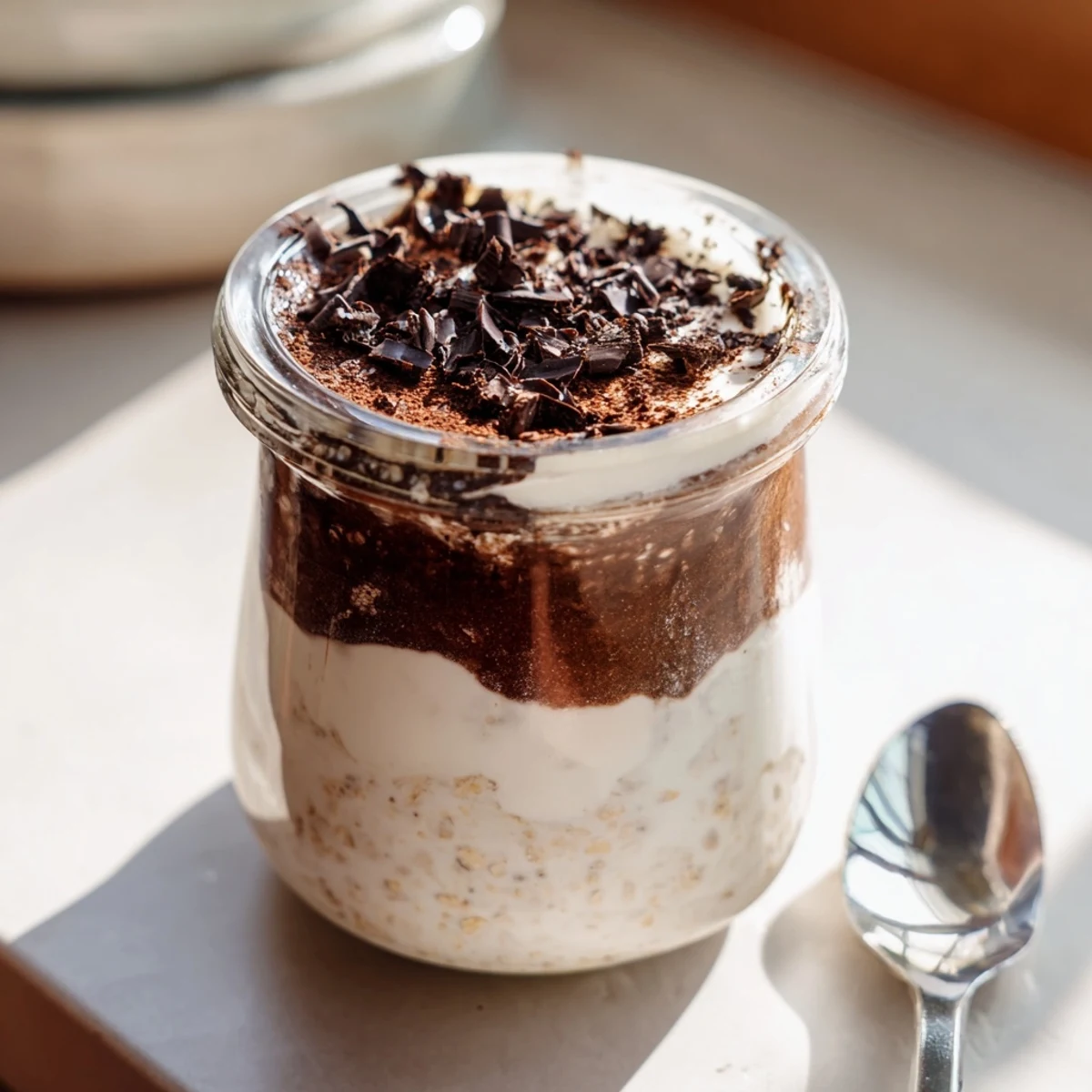 Healthy tiramisu overnight oats breakfast featuring coffee-infused Greek yogurt and dusted cocoa powder