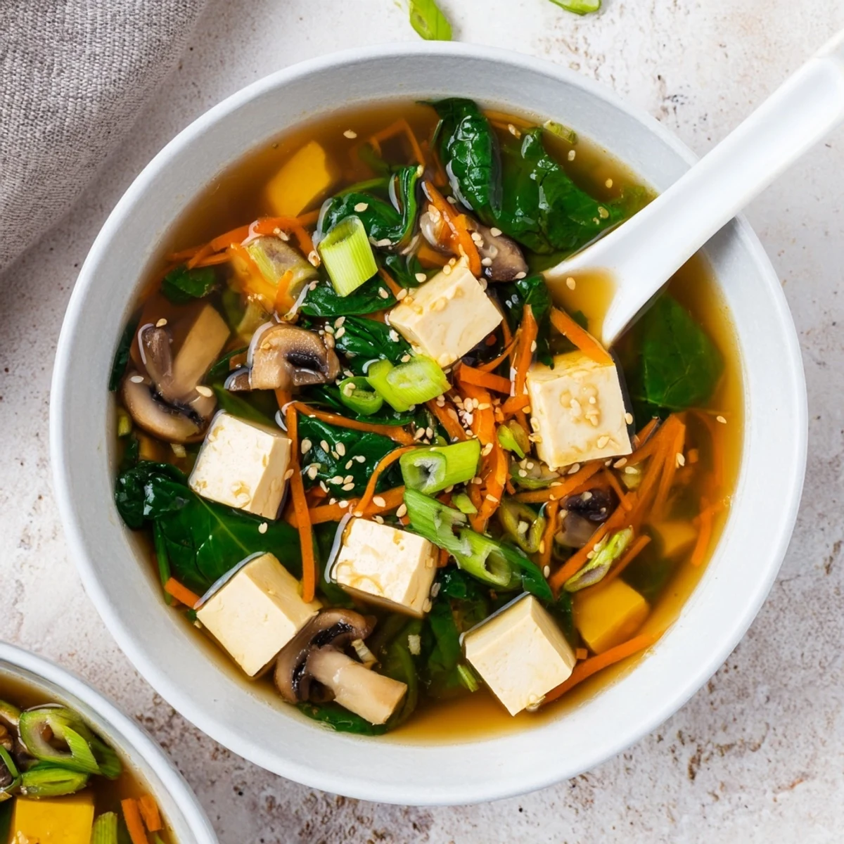 Silky warm tofu soup with mushrooms, spinach, and green onions in savory miso broth