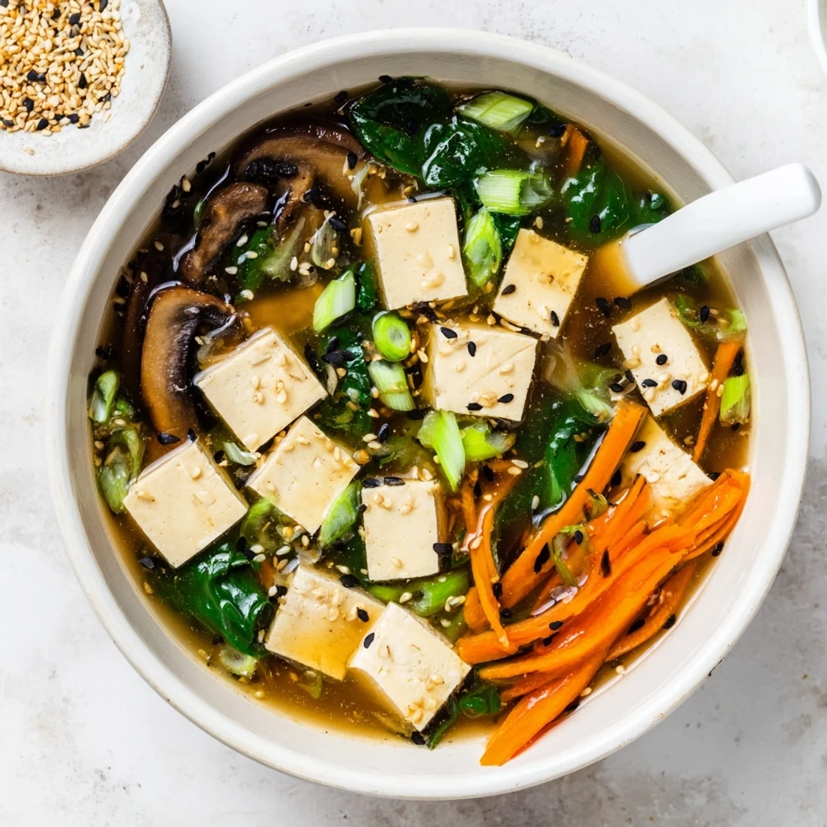 Vegetarian warm tofu soup featuring cubed tofu, carrots, and baby spinach in aromatic vegetable broth