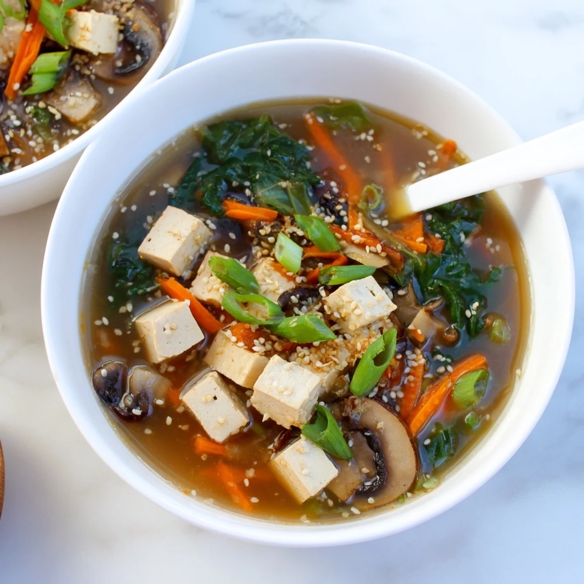 Hearty bowl of warm tofu soup garnished with sesame seeds, cilantro, and fresh sliced scallions
