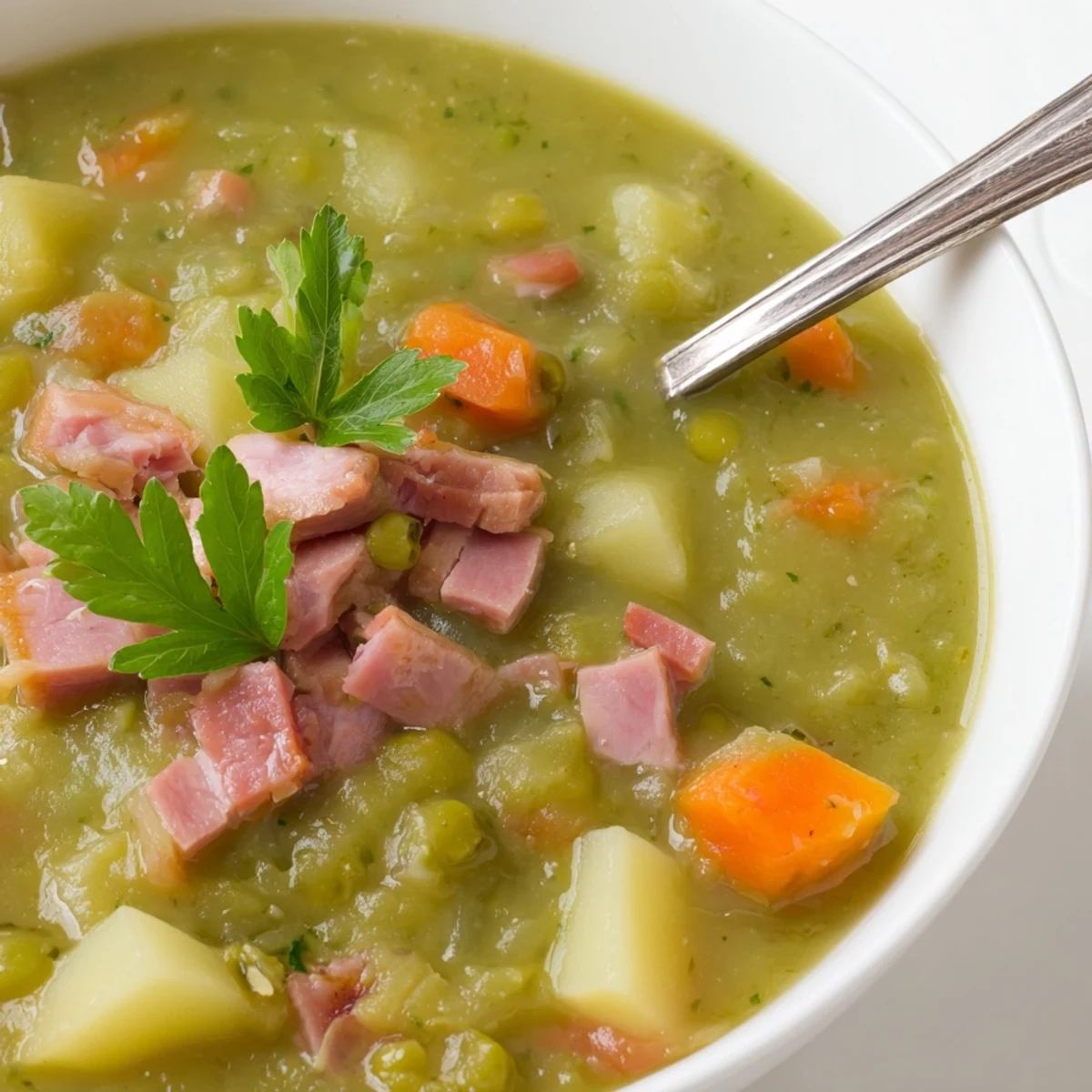 Creamy hearty split pea soup garnished with fresh parsley in a rustic bowl