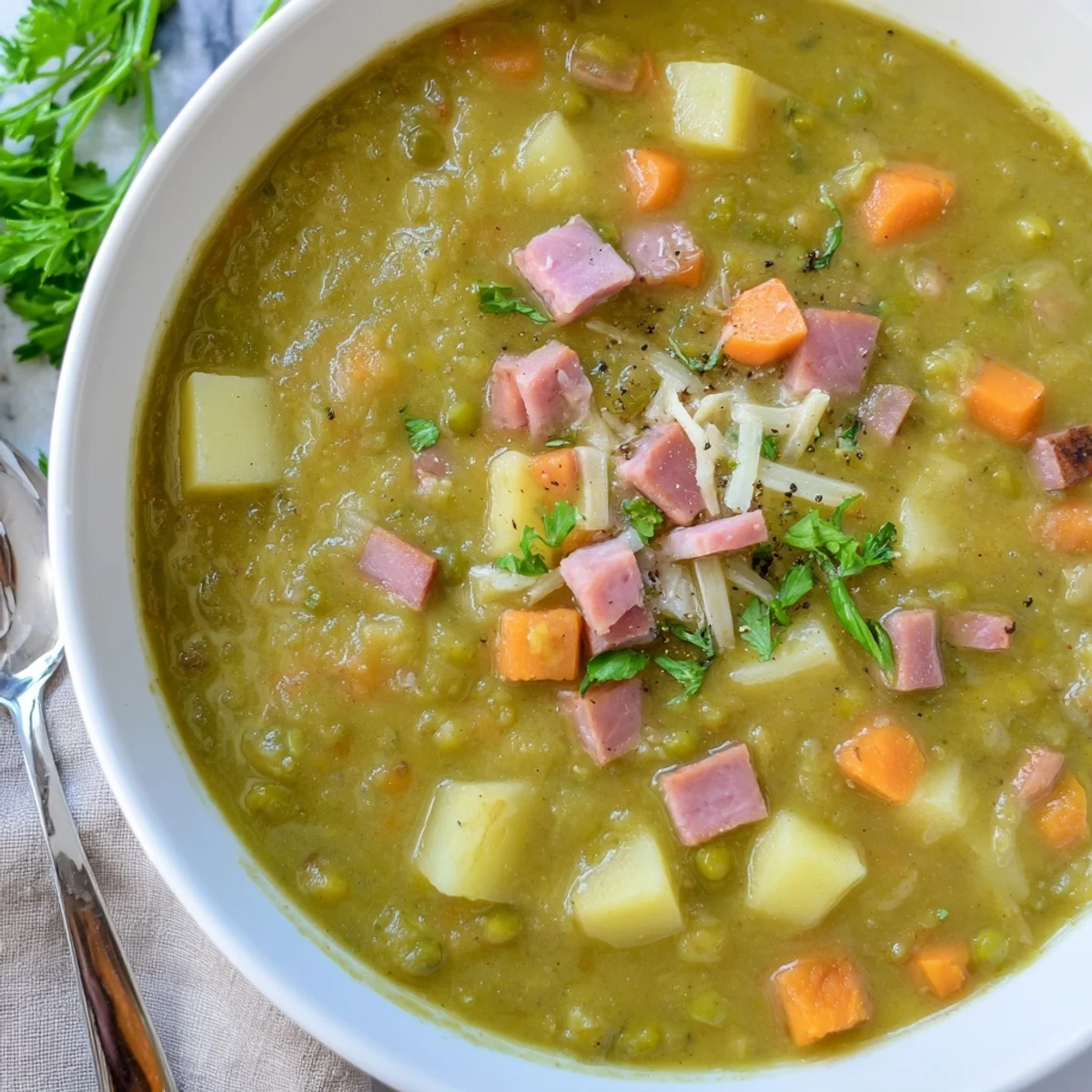 Thick green hearty split pea soup served with crusty bread on wooden table