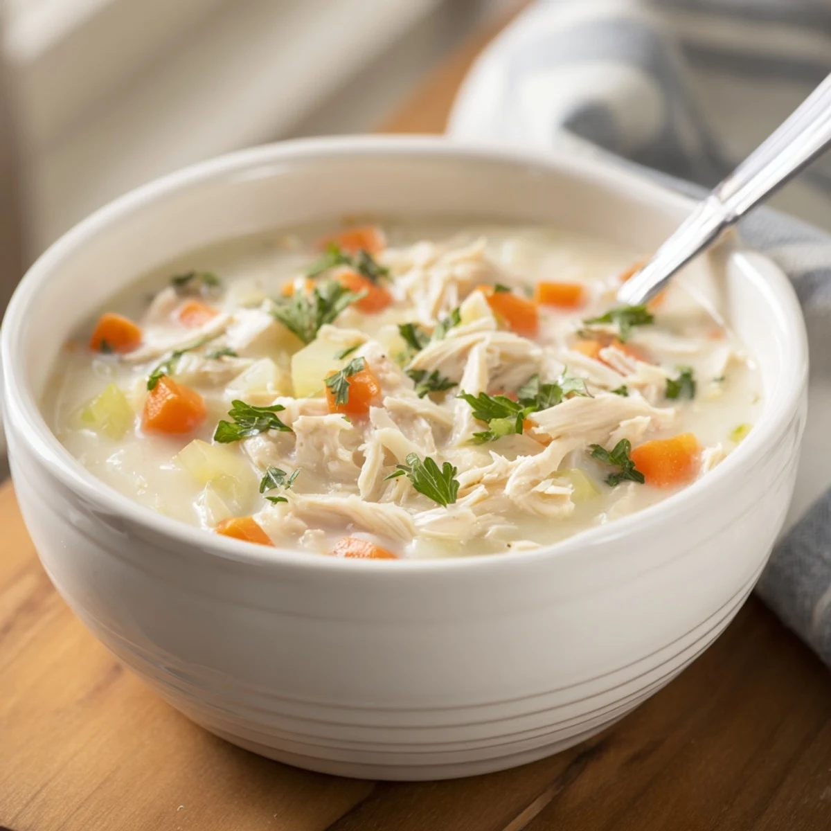 Cream of chicken soup in white bowl garnished with fresh parsley and cracked pepper