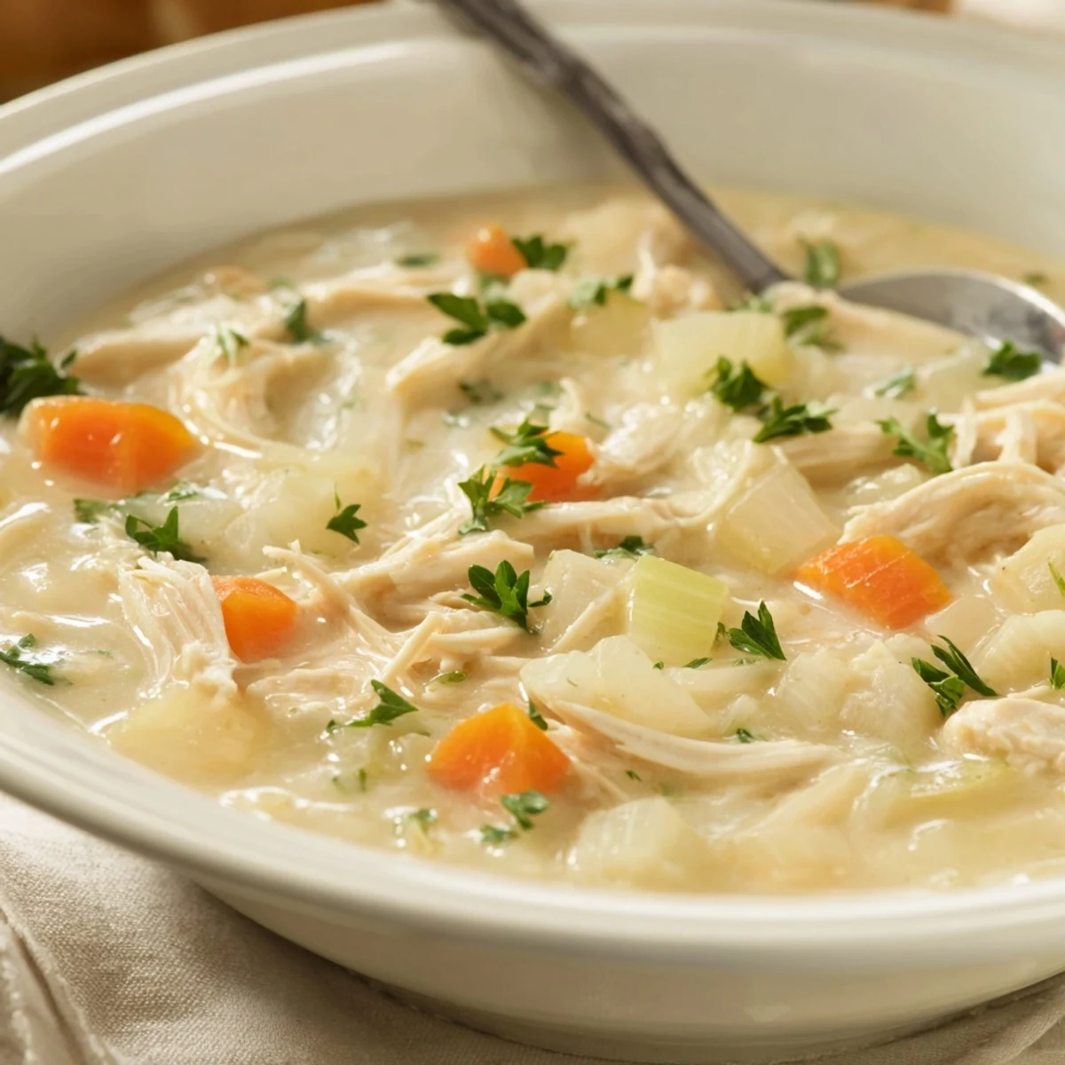 Velvety cream of chicken soup with tender shredded chicken pieces and diced colorful vegetables