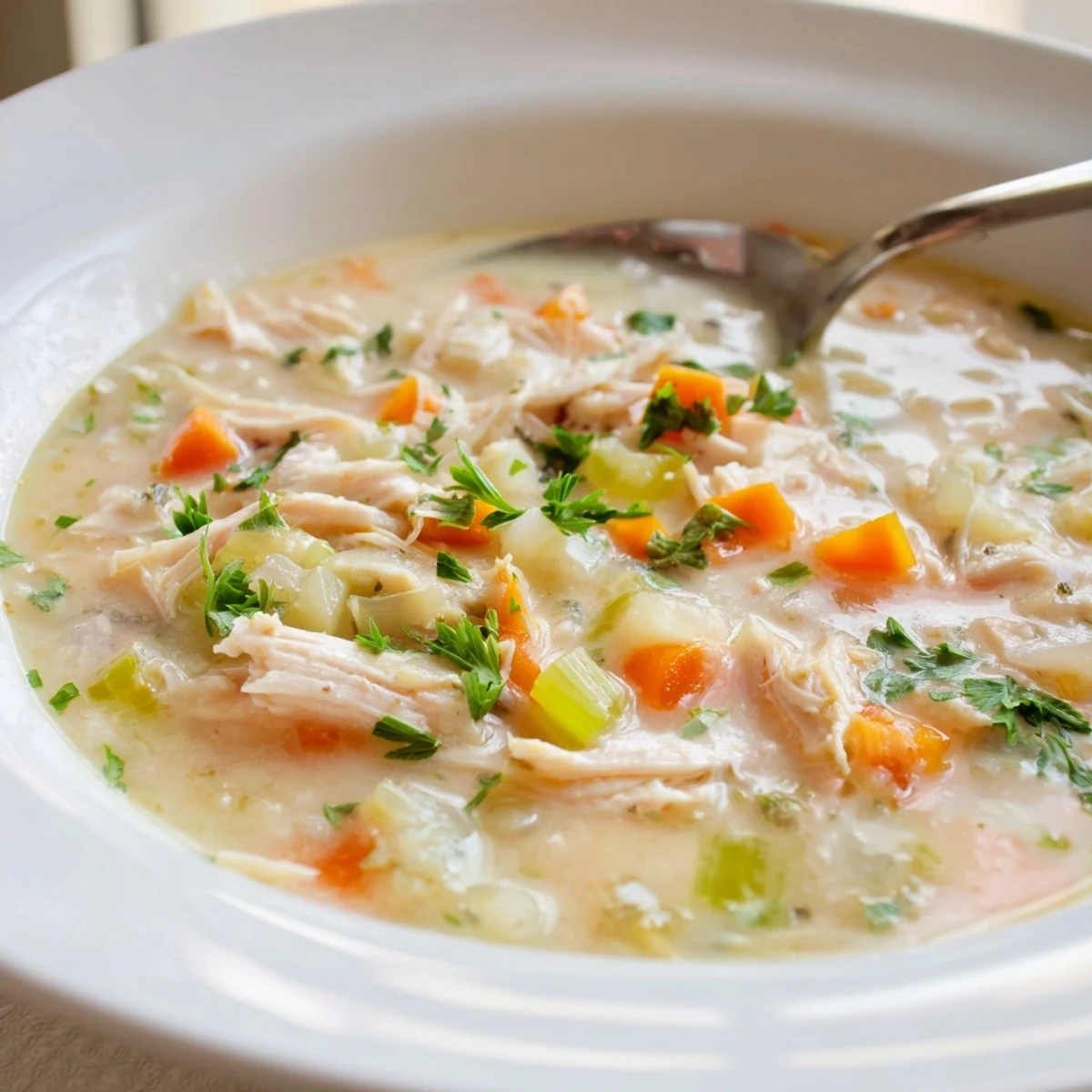Steaming cream of chicken soup ladled into rustic bowl alongside crusty bread slice