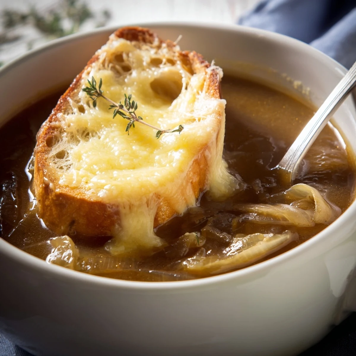 Golden rich French onion soup topped with melted Gruyère cheese and crusty toasted baguette