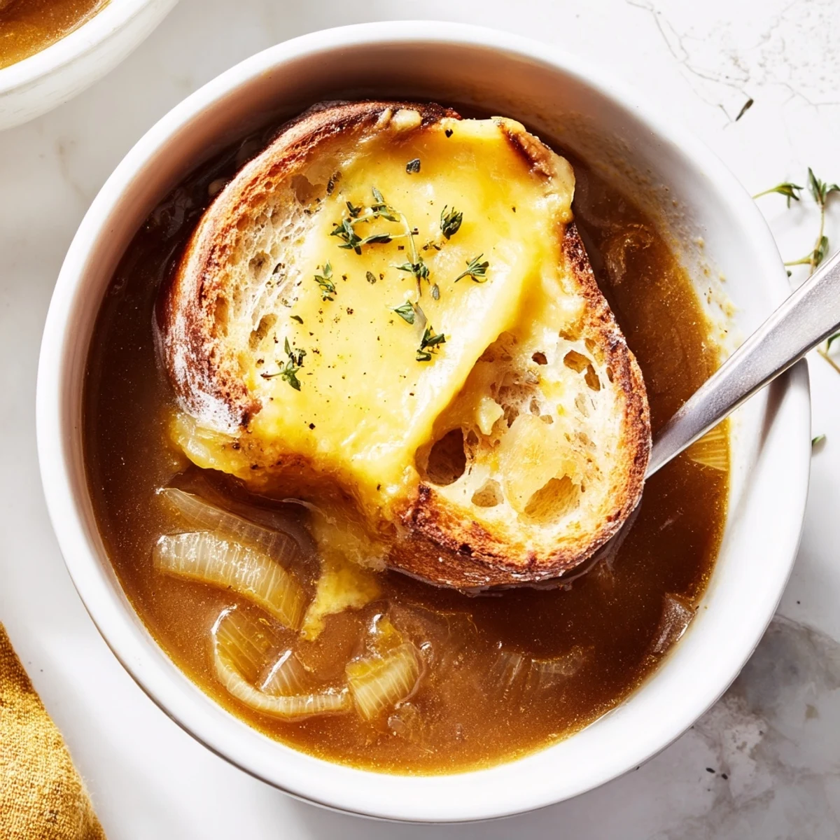 Classic French onion soup bubbling with caramelized onions under a golden blanket of melted cheese