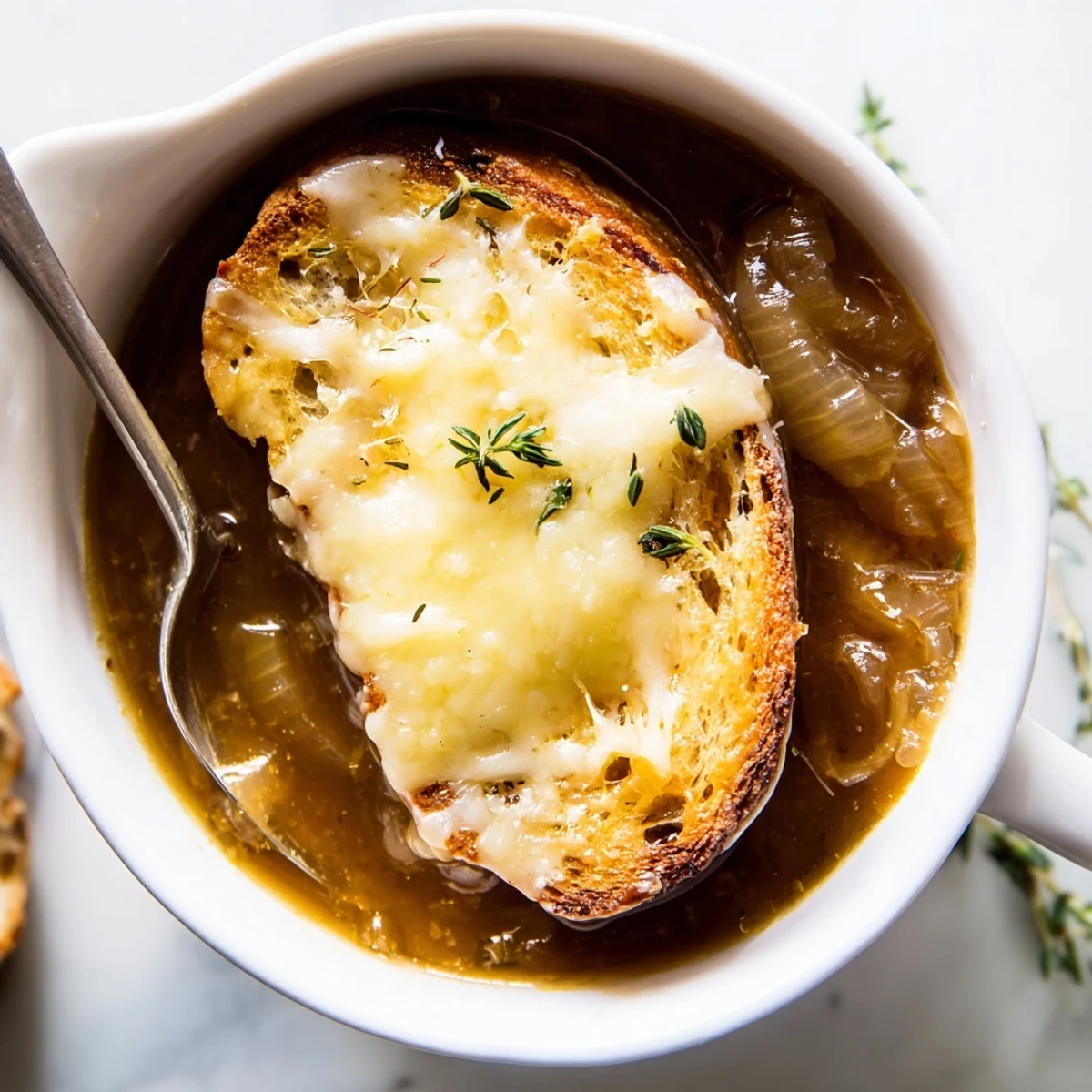 Oven-broiled French onion soup featuring cheesy croutons floating in a savory dark beef broth