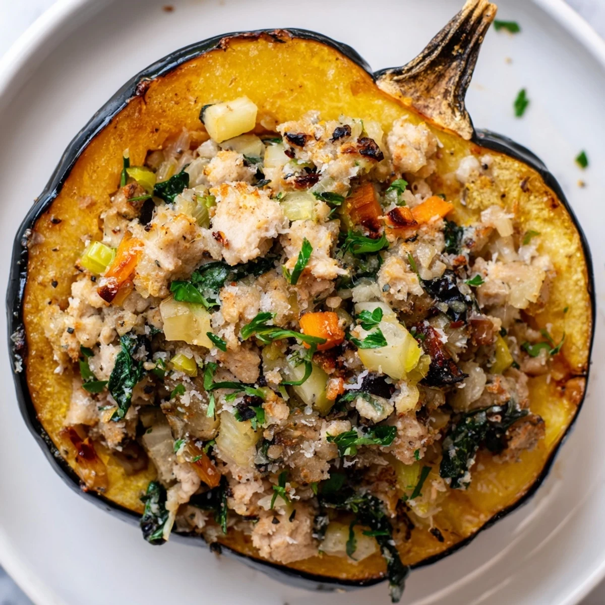 Golden roasted turkey stuffed acorn squash with savory vegetable filling topped with melted Parmesan
