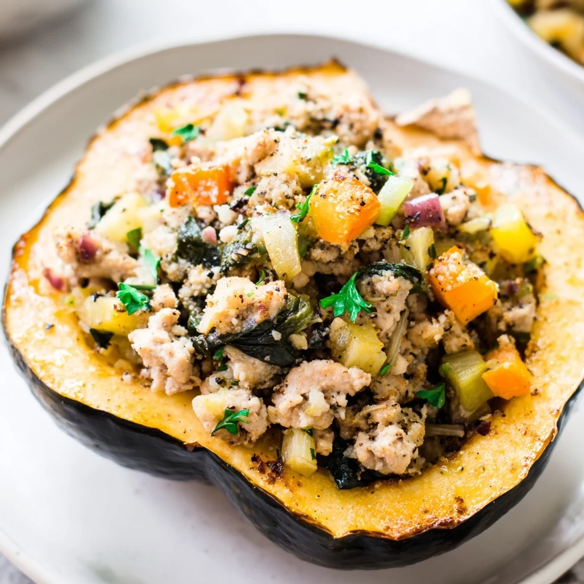 Hearty turkey stuffed acorn squash featuring apple and spinach in a golden roasted squash boat