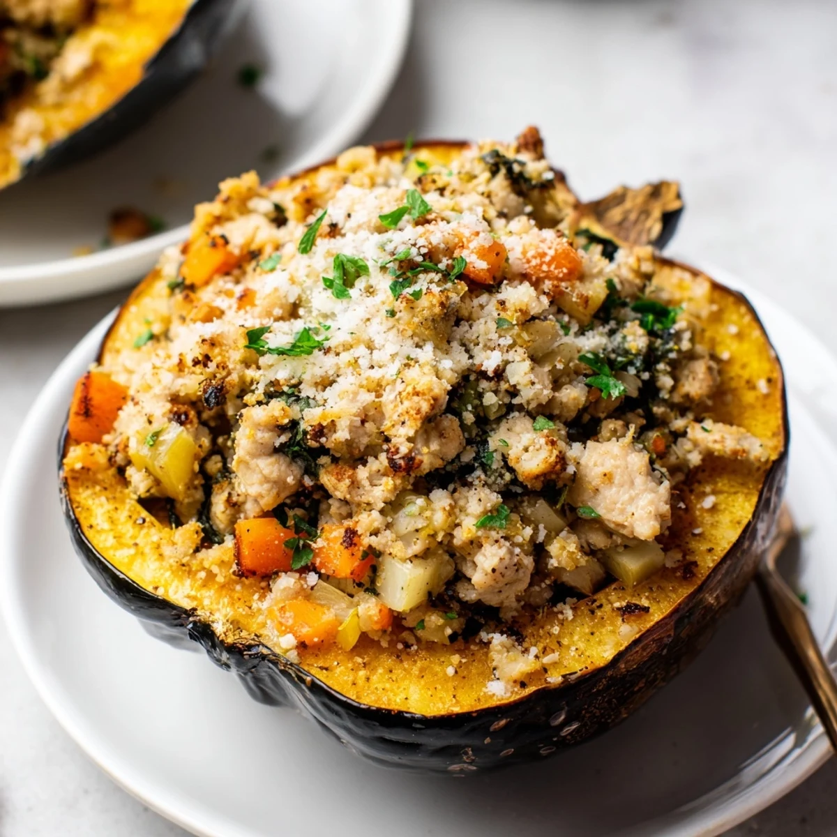 Comforting turkey stuffed acorn squash baked with vegetables and melted cheese garnished with fresh parsley