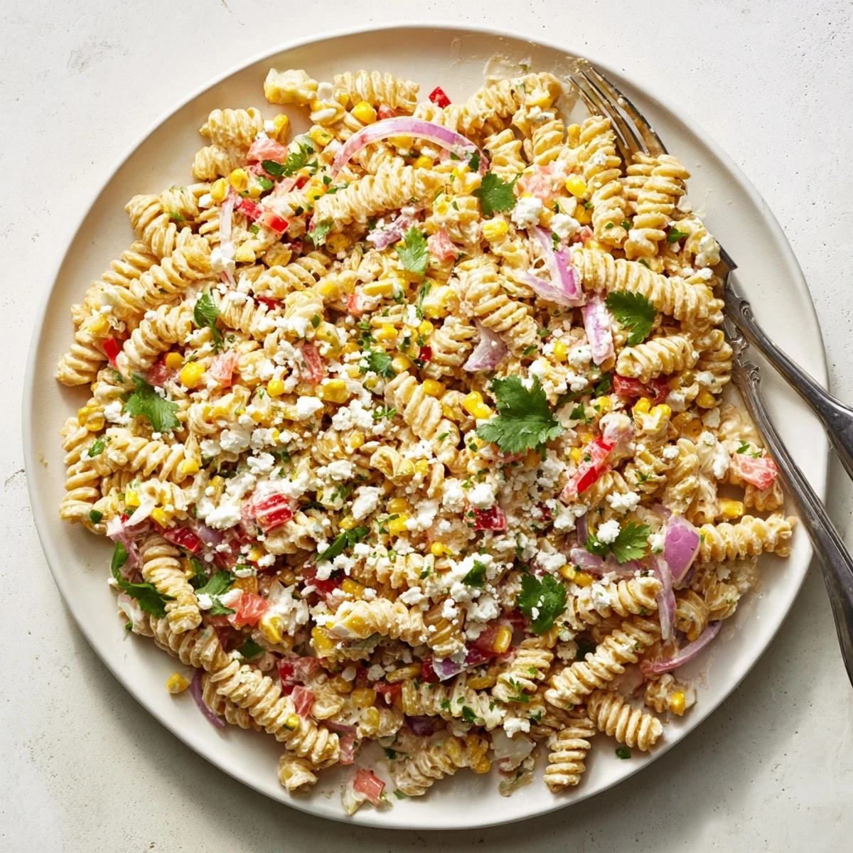 Colorful Mexican Street Corn Pasta Salad featuring golden corn kernels, red peppers, and creamy cotija cheese in a smoky lime dressing