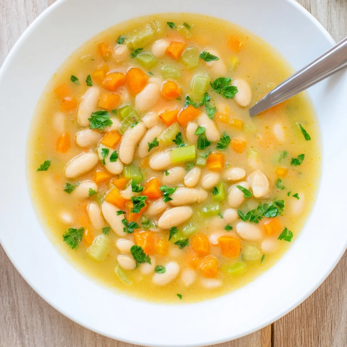Creamy rosemary garlic white bean soup garnished with fresh parsley and crusty bread