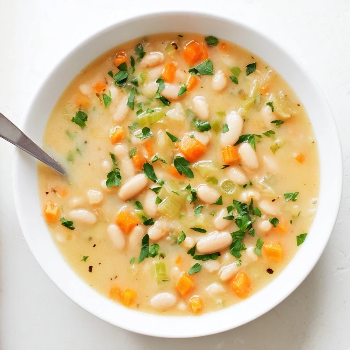 Steaming bowl of cozy white bean soup with rosemary sprig and diced vegetables