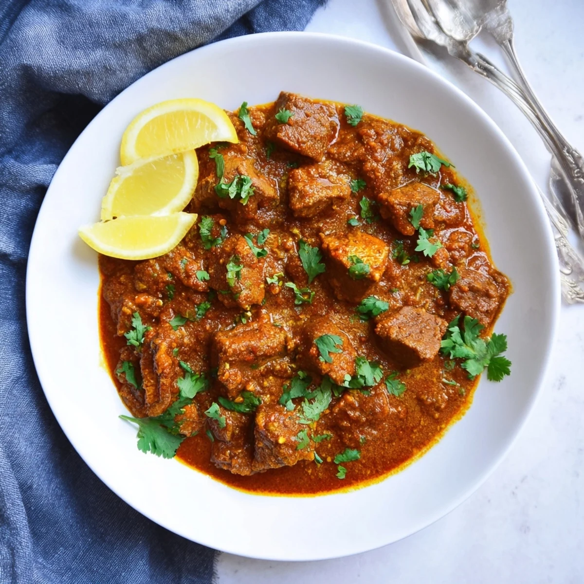 Golden beef cubes swimming in rich, spiced Indian beef curry with tomato gravy