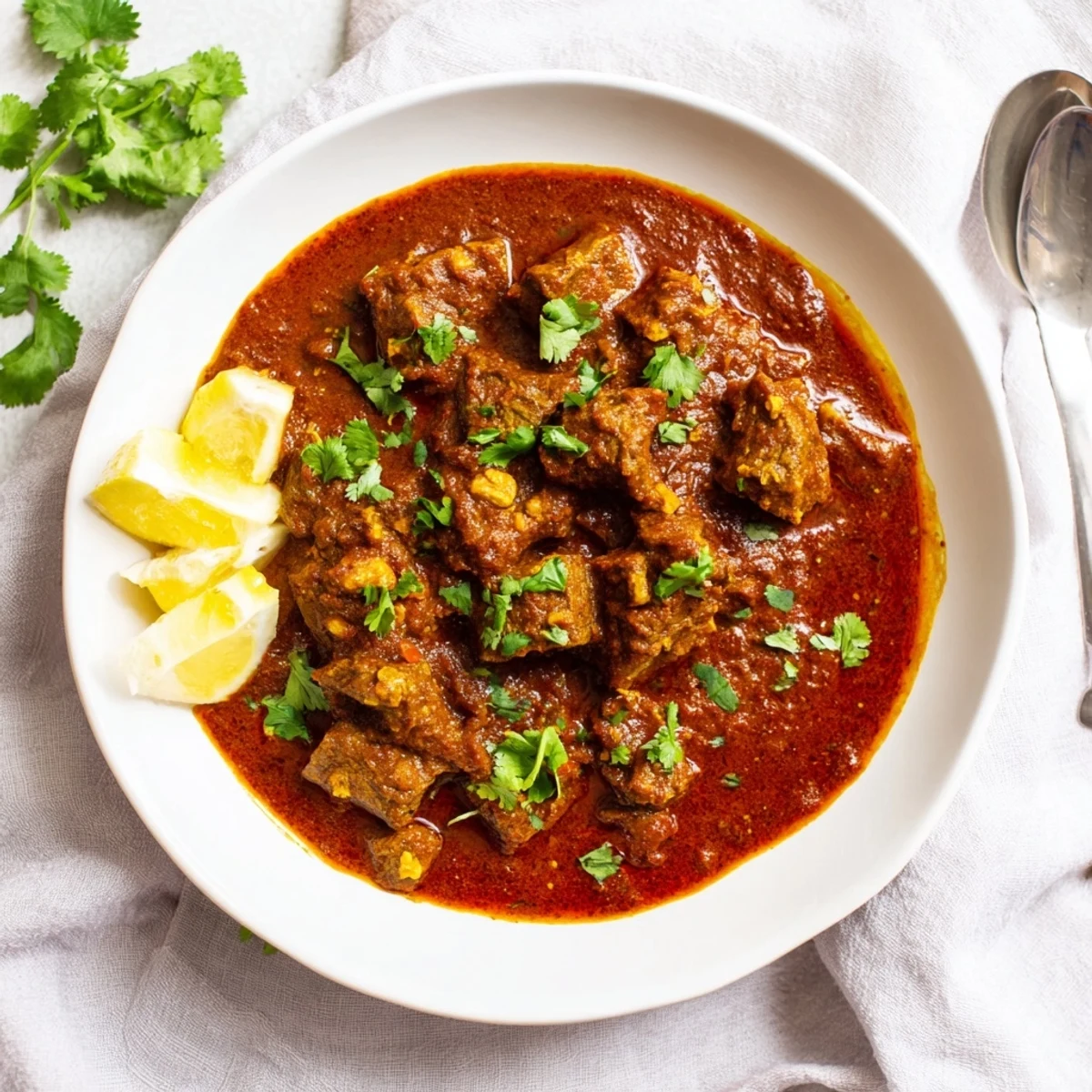 Tender beef curry with tomato gravy garnished with fresh cilantro over fluffy white basmati rice