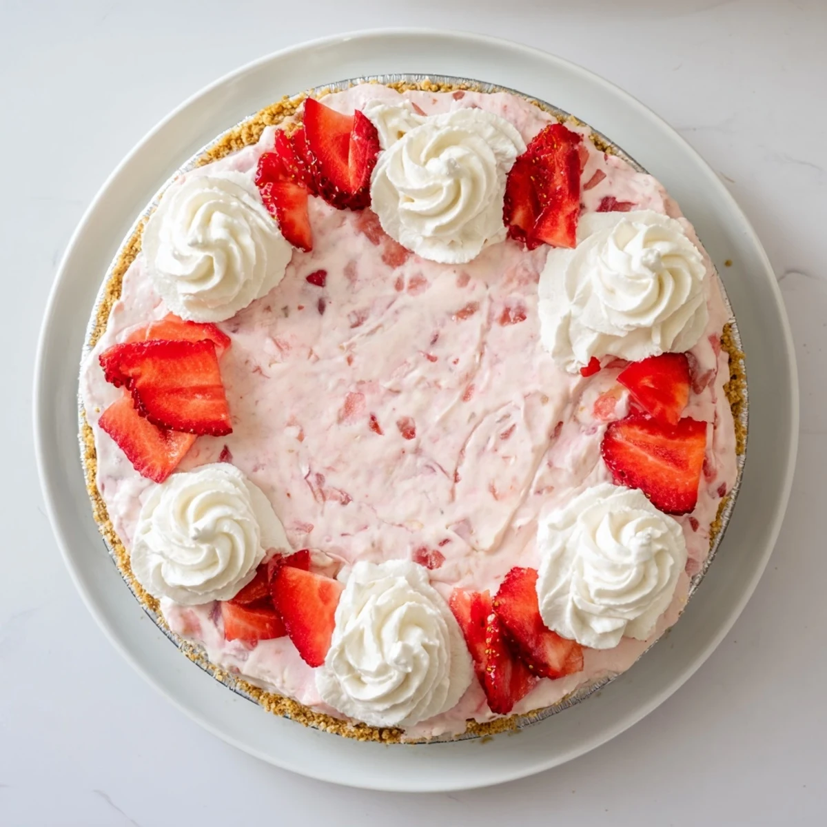 Creamy strawberry no bake Easter Jello pie topped with whipped cream and fresh sliced strawberries