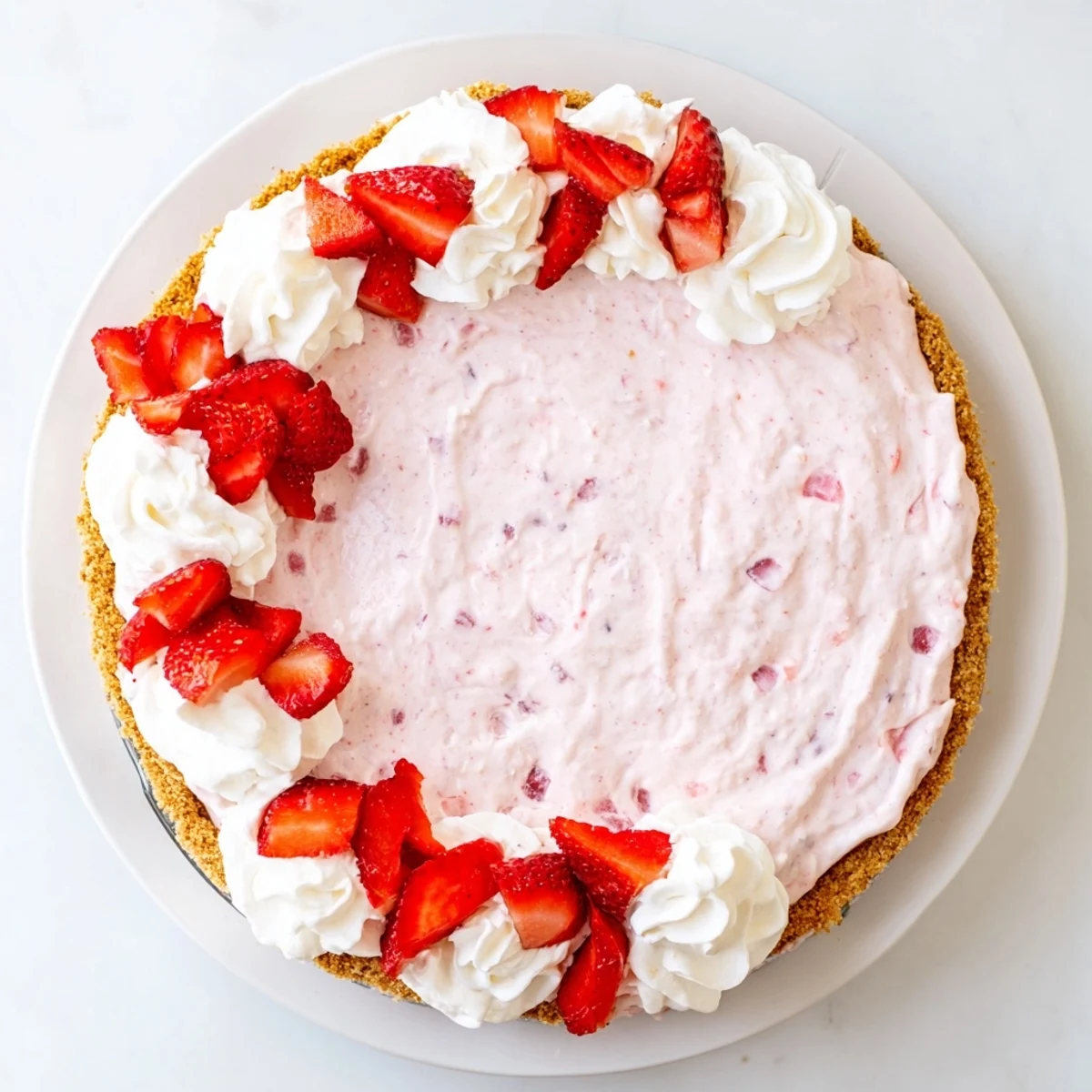 Vibrant pink layered Easter dessert featuring graham cracker crust, smooth strawberry cream filling, and sweet garnish