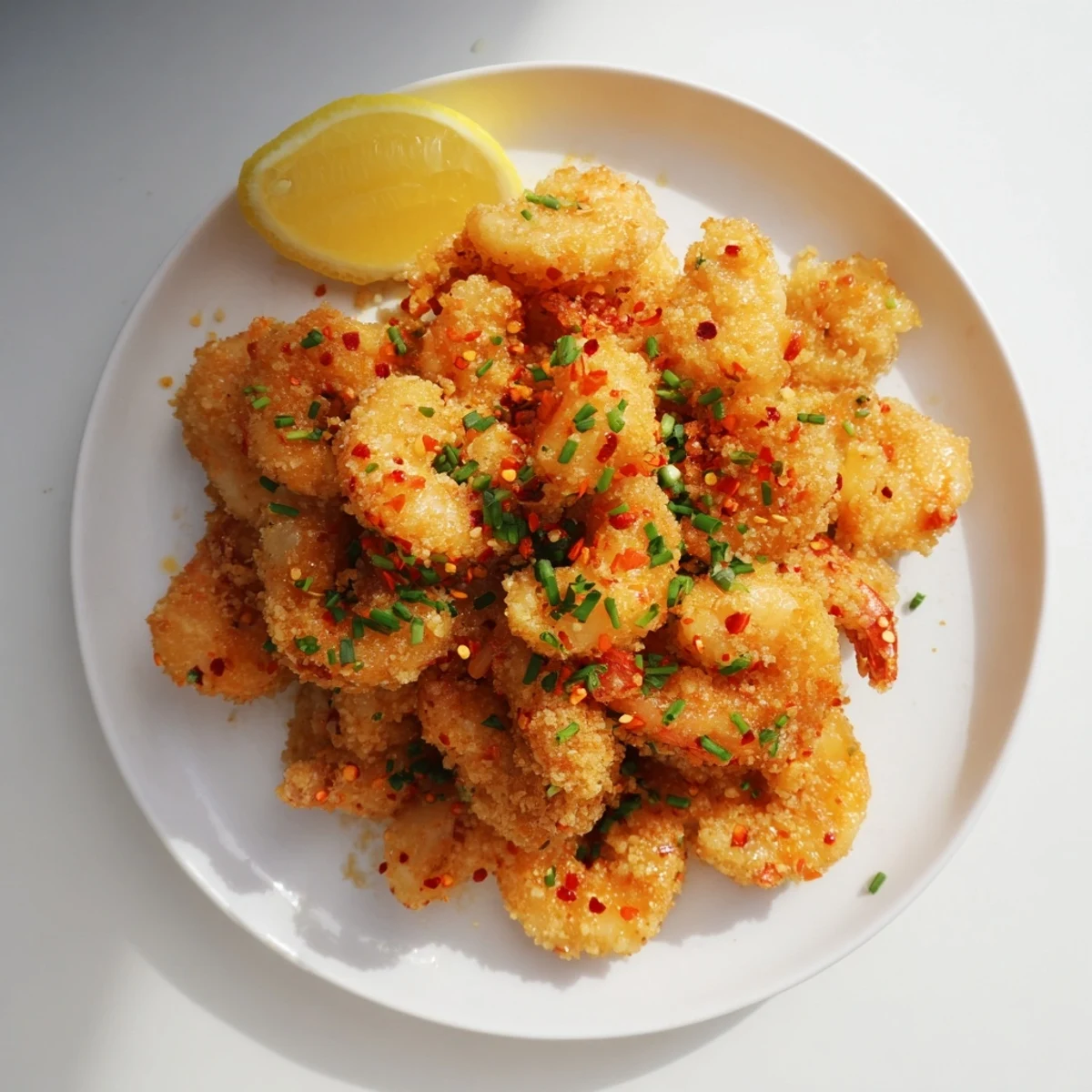 Golden crispy hot honey fried shrimp drizzled with spicy sweet glaze and fresh chives