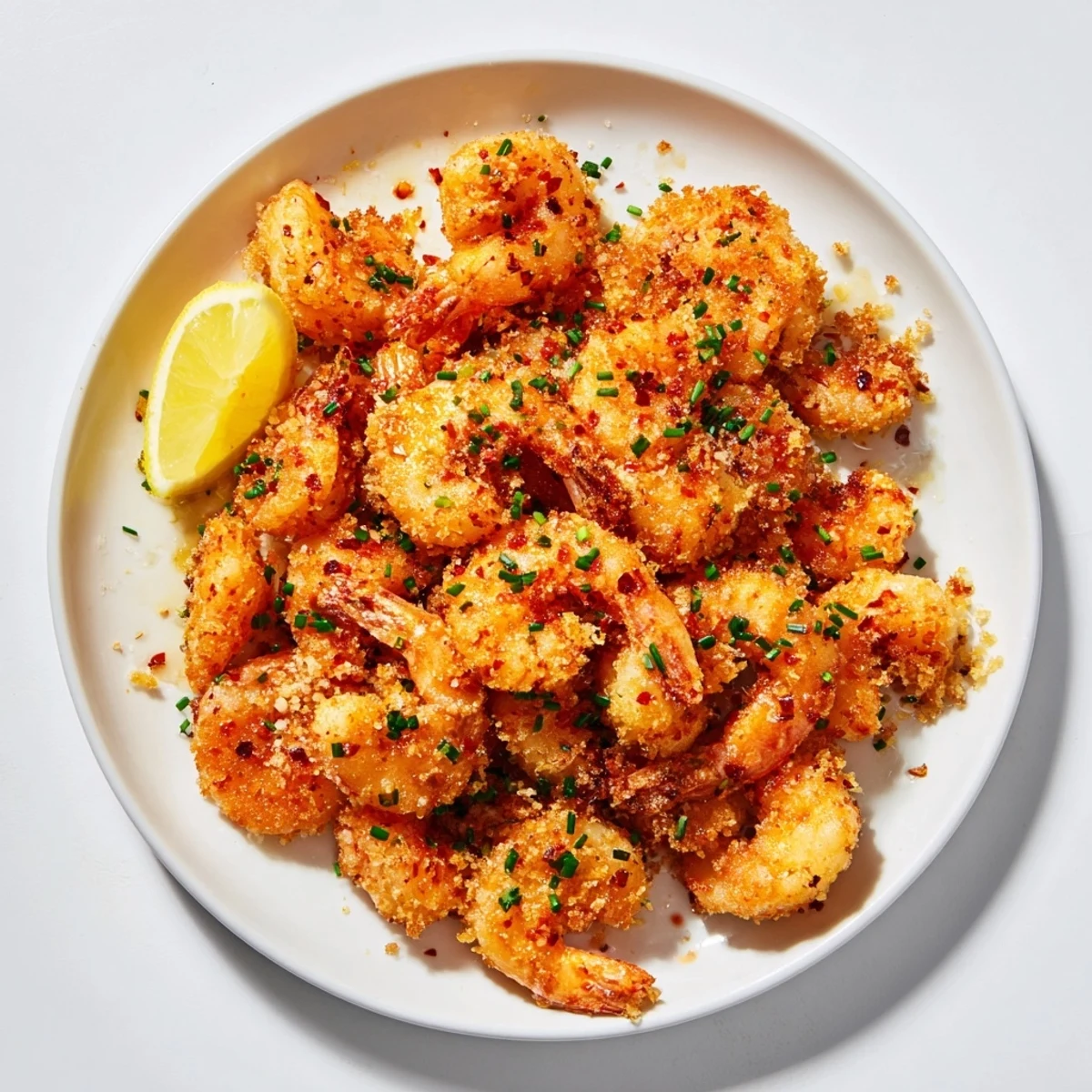Plate of hot honey fried shrimp coated in sticky sweet and spicy red pepper honey glaze