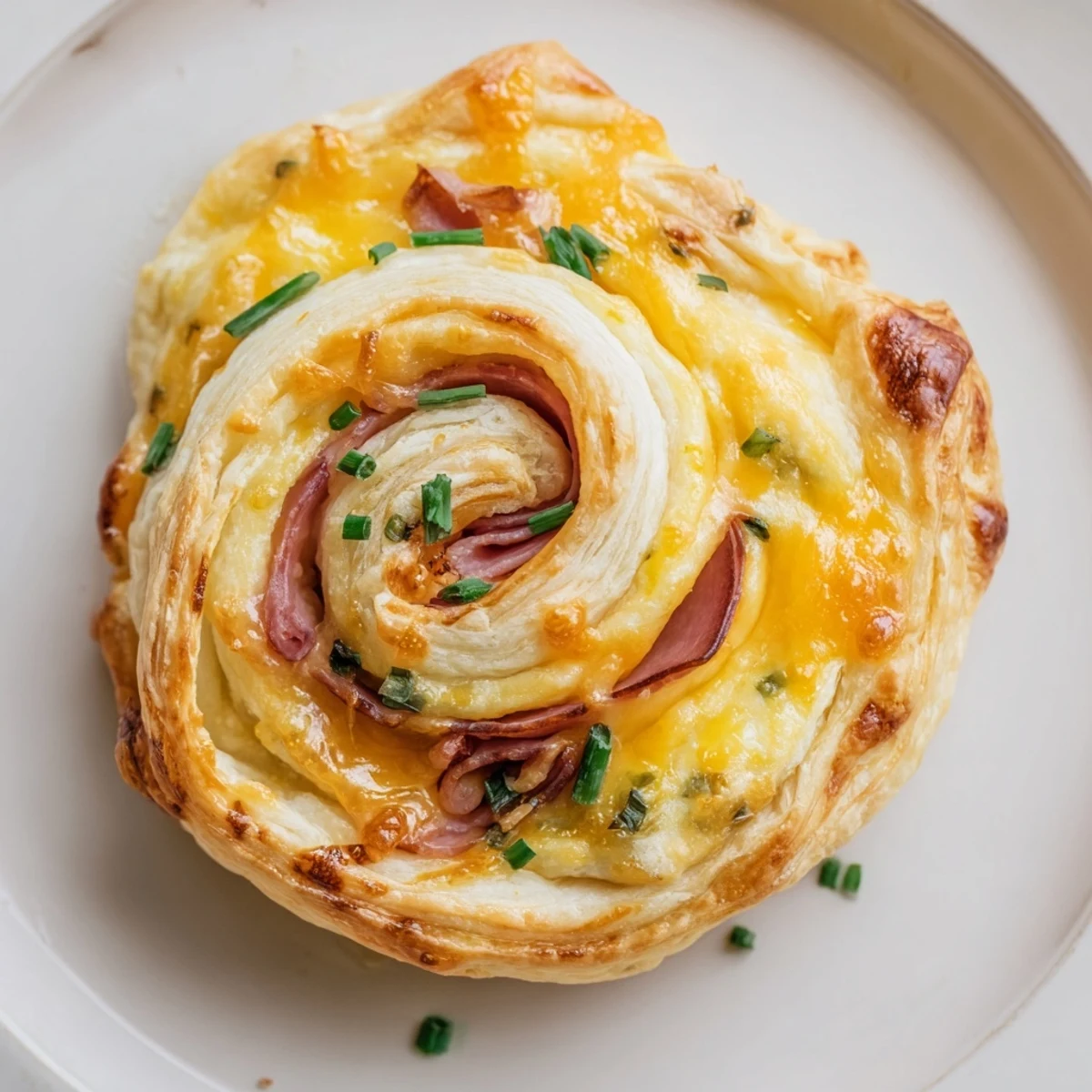 Golden Easter Ham Cheddar Pinwheels baked to flaky perfection on a white serving platter