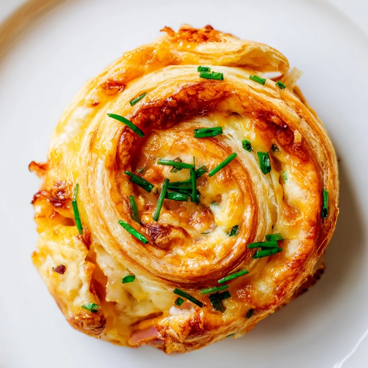 Freshly baked Easter Ham Cheddar Pinwheels with golden pastry edges and herb garnish