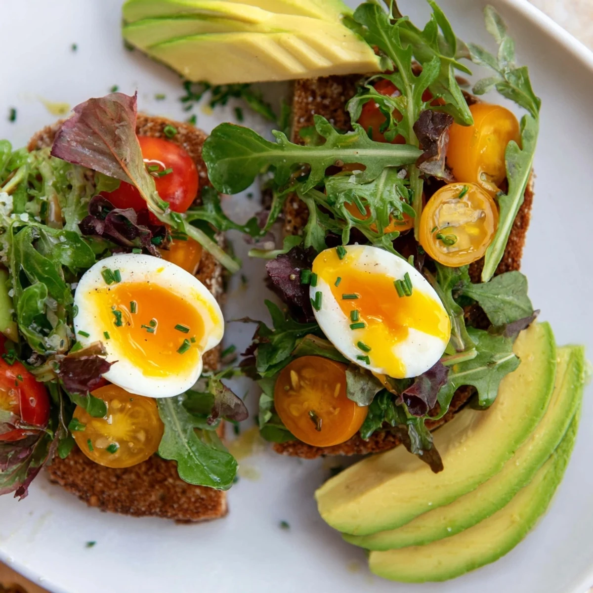Golden soft-boiled eggs nestled on crispy toast with fresh greens and cherry tomatoes