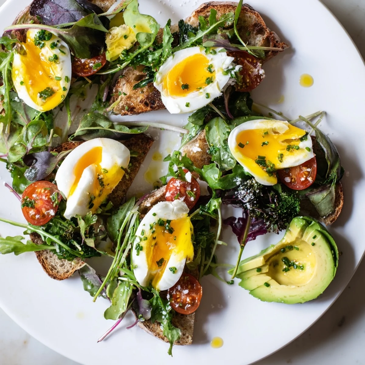 Protein-packed savory breakfast plate featuring jammy eggs, ripe avocado slices, and peppery arugula