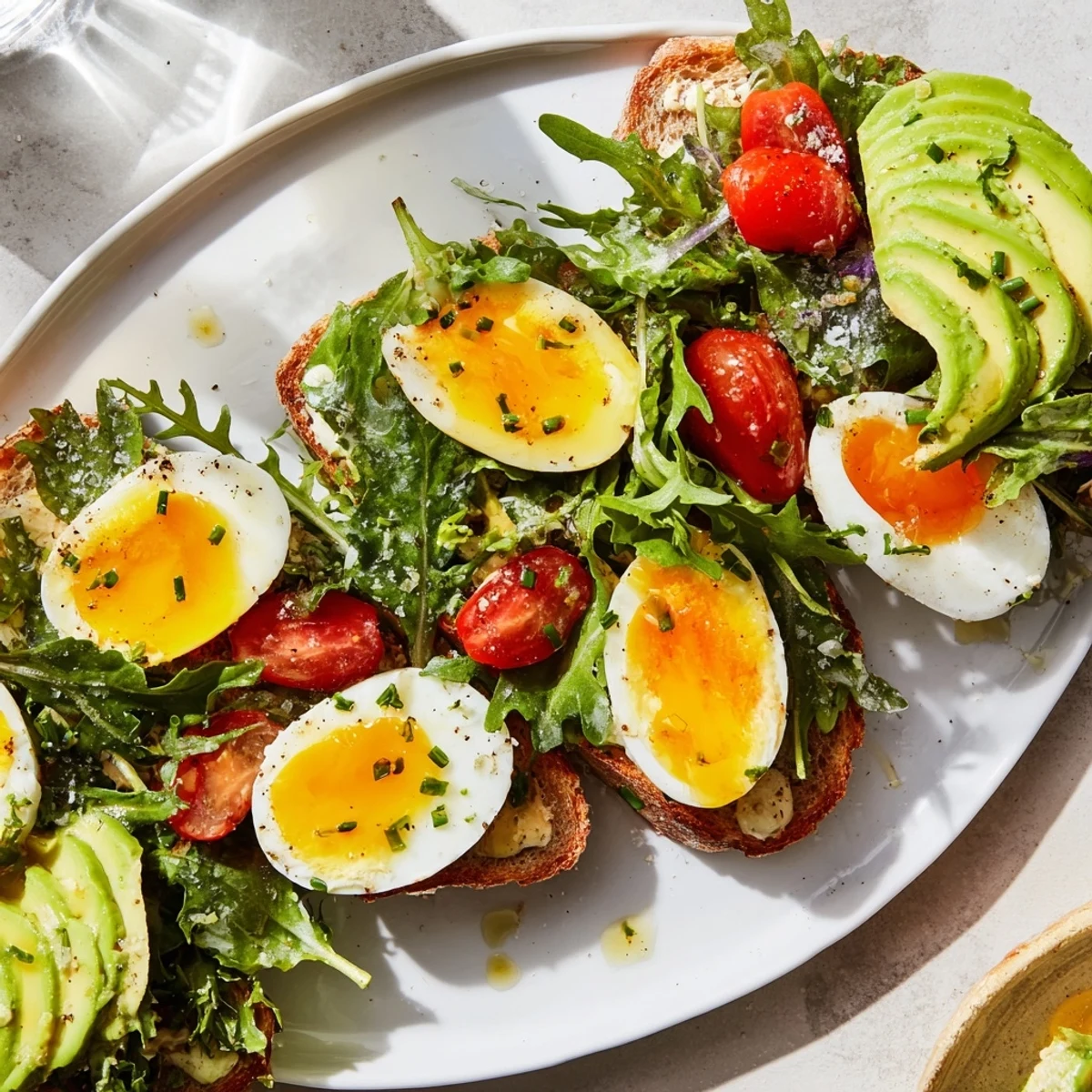 Wholesome morning meal with runny yolk eggs, artisan sourdough toast, and dressed salad greens