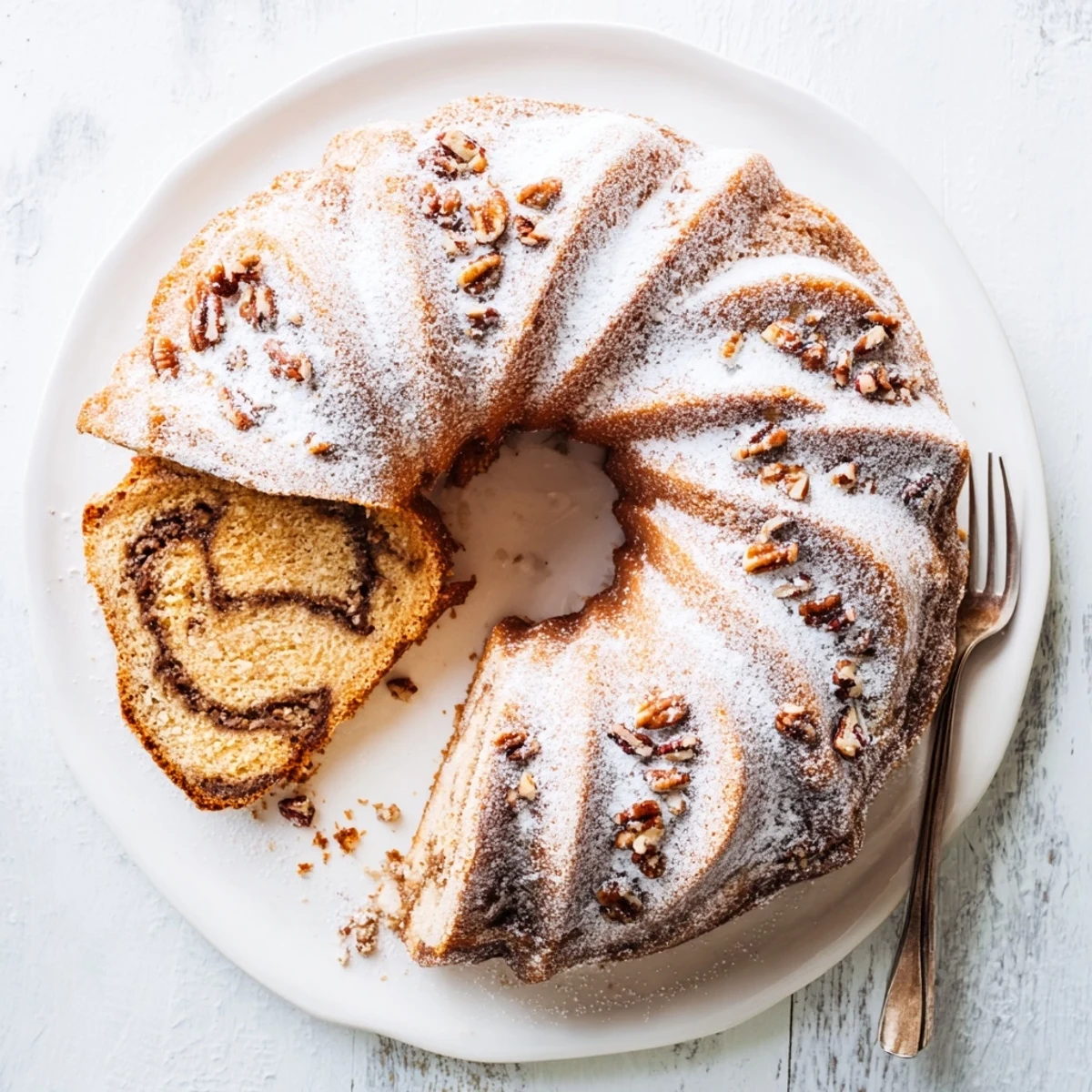 Golden cinnamon-swirled breakfast Bundt coffee cake with powdered sugar dusting on a serving platter