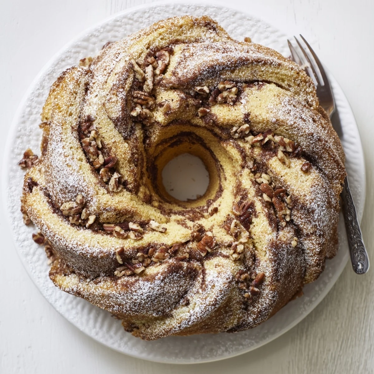 Tender crumb coffee cake baked in a Bundt pan with ribbons of brown sugar cinnamon