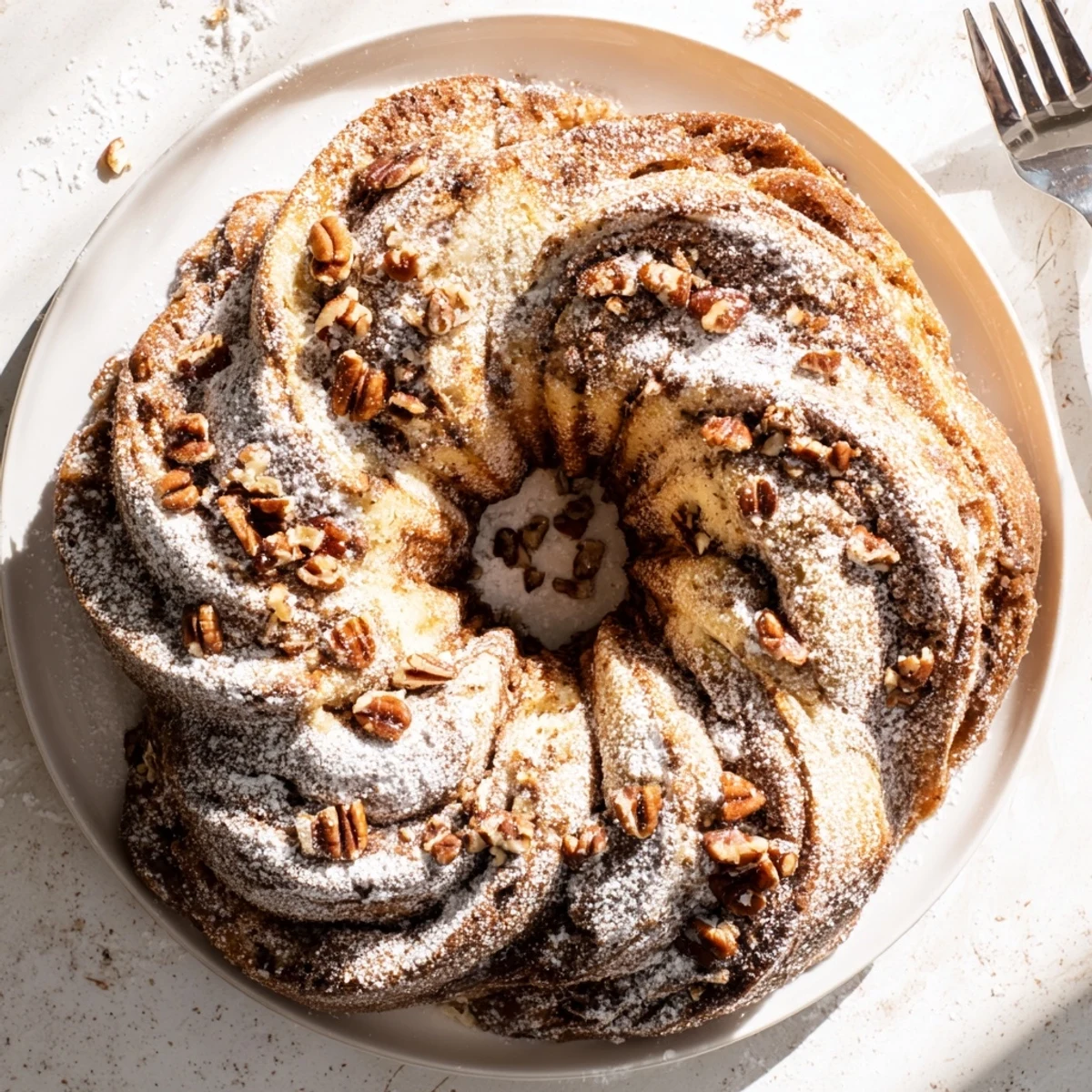 Sliced homemade breakfast Bundt coffee cake revealing moist cinnamon swirl layers and nutty texture