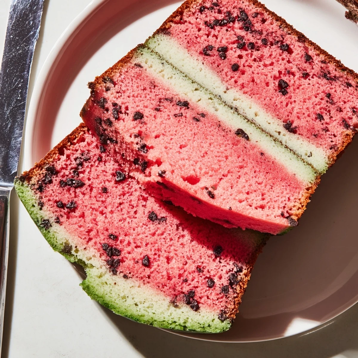 Freshly baked watermelon bread loaf sliced to reveal vibrant red, green, and white layers with chocolate chip seeds