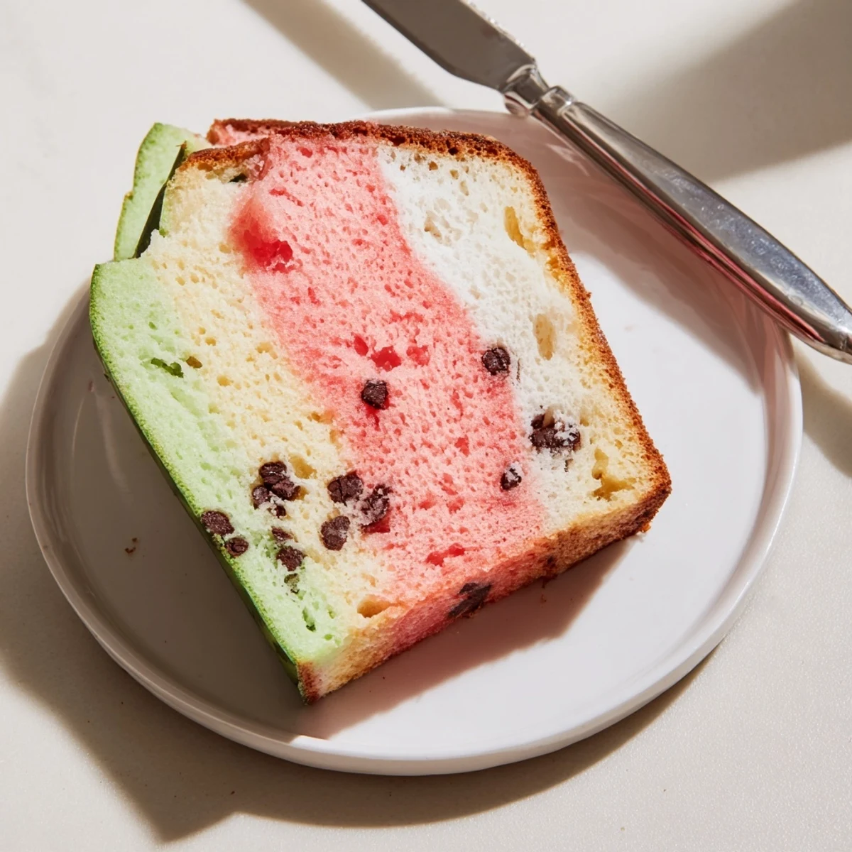 Homemade watermelon bread featuring colorful rings patterned like the fruit with mini chocolate chips scattered throughout