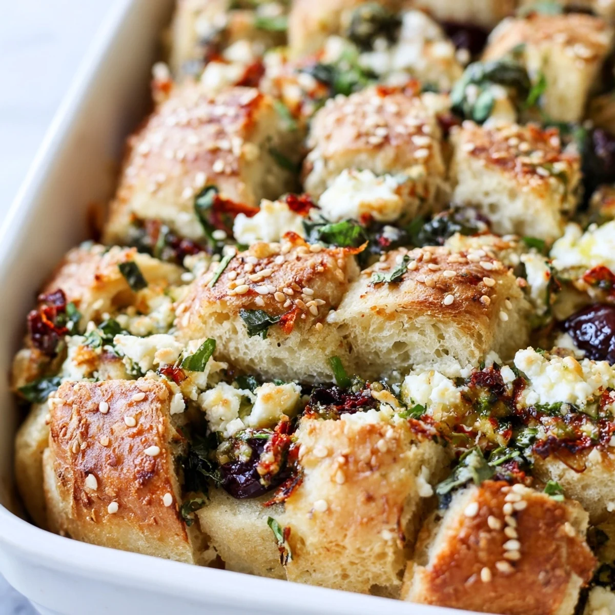 Golden Mediterranean pull-apart bread featuring olives, sun-dried tomatoes, and feta cheese baked to fluffy perfection