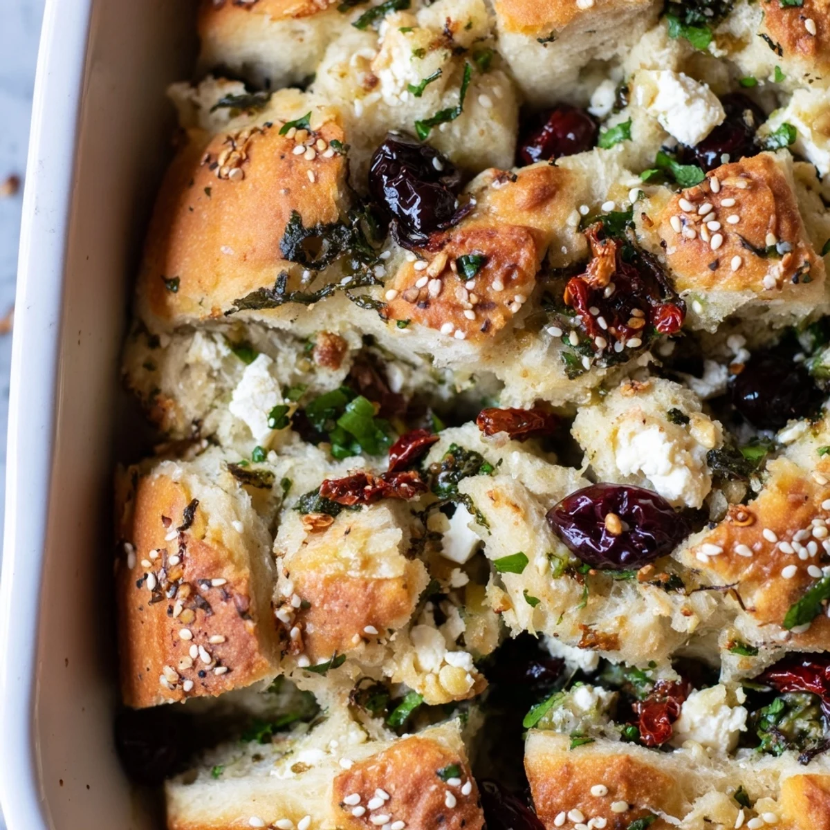 Soft savory bread stuffed with Mediterranean herbs and feta, pulled apart to reveal layers of melted cheese