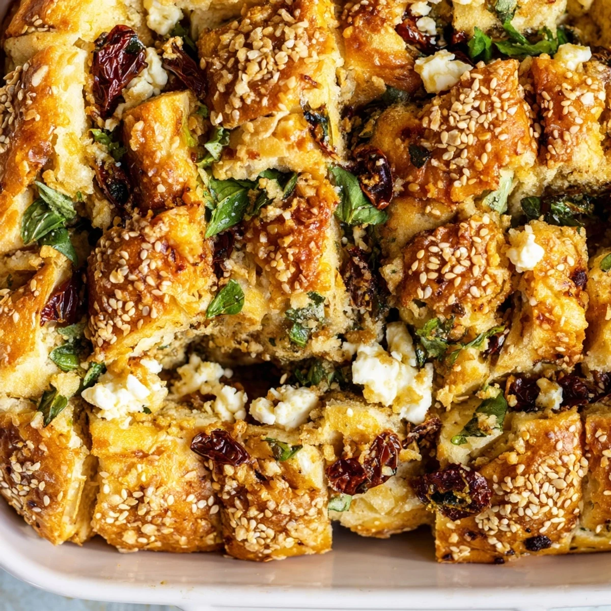Warm pull-apart loaf brushed with olive oil and sprinkled with sesame seeds, revealing colorful Mediterranean filling inside