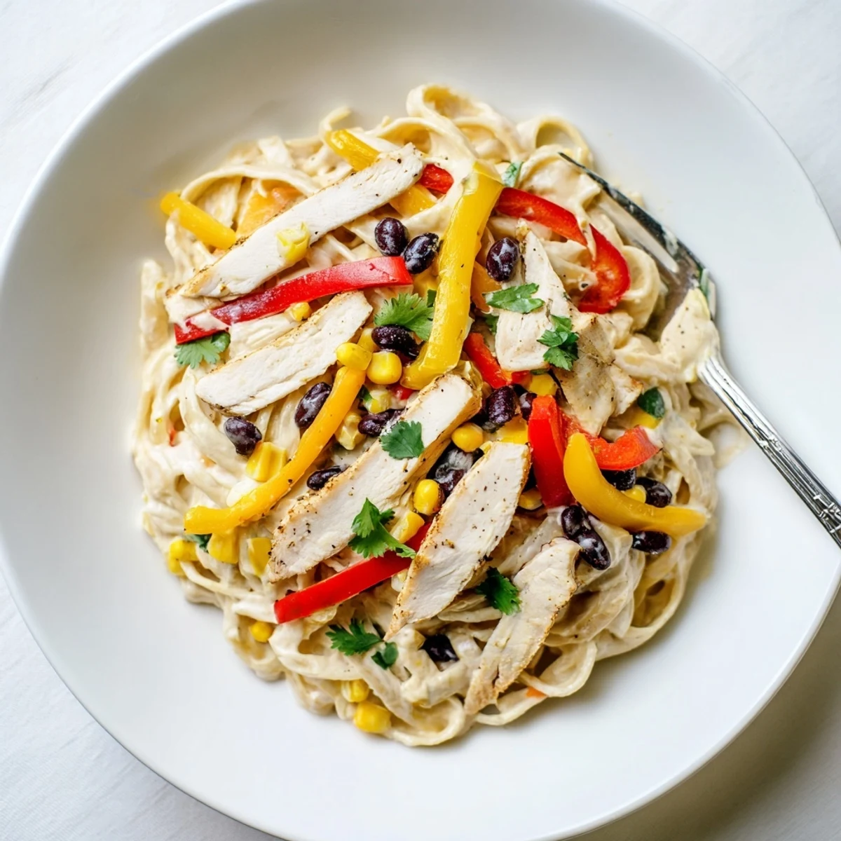 Sliced spiced chicken atop fettuccine tossed in parmesan alfredo with sweet corn and bell peppers