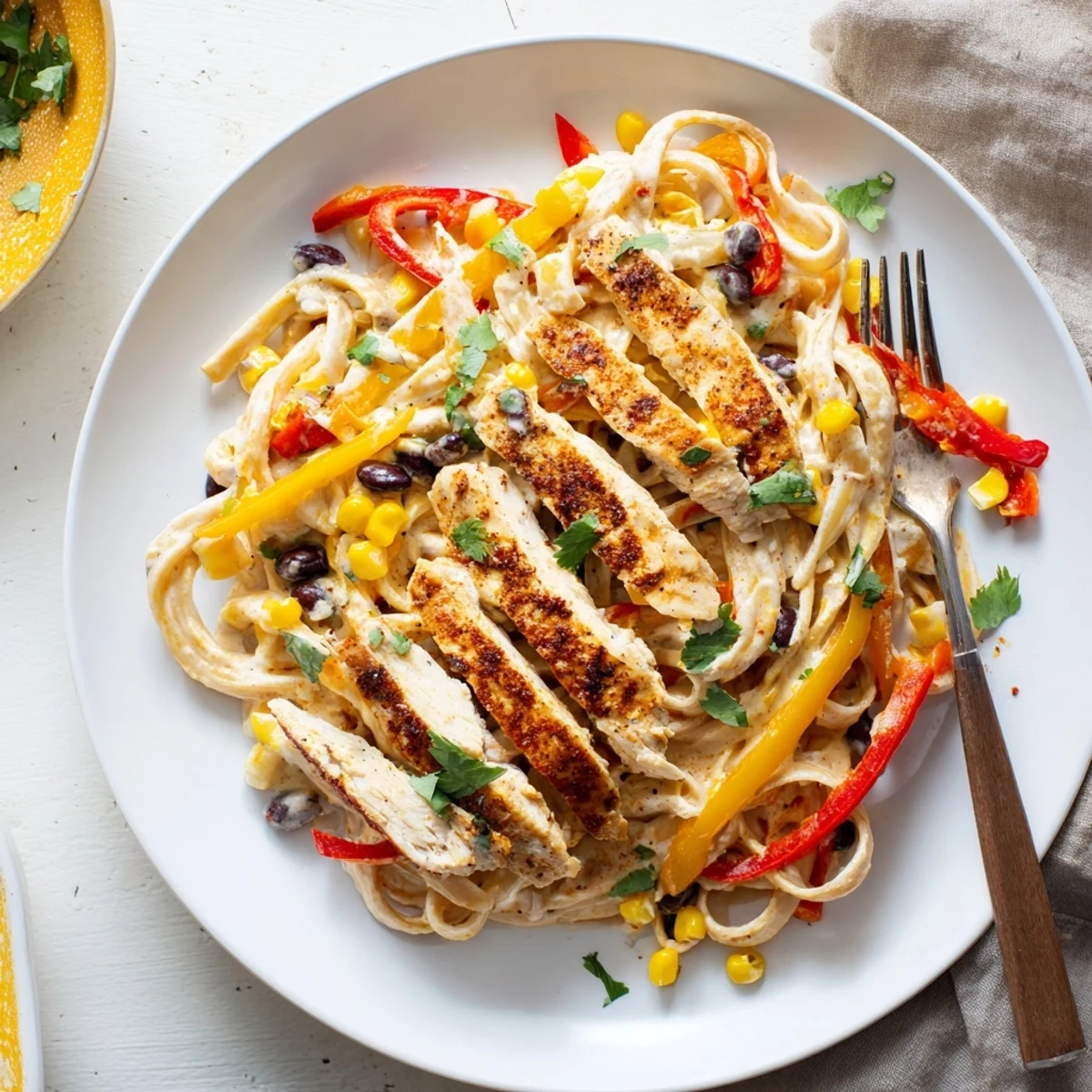 Steamy bowl of southwest chicken alfredo garnished with fresh cilantro and lime wedges